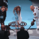 Nick Foligno #17 takes the ceremonial faceoff to welcome the Utah Hockey Club to the NHL on opening night of the 2024-25 NHL Season.